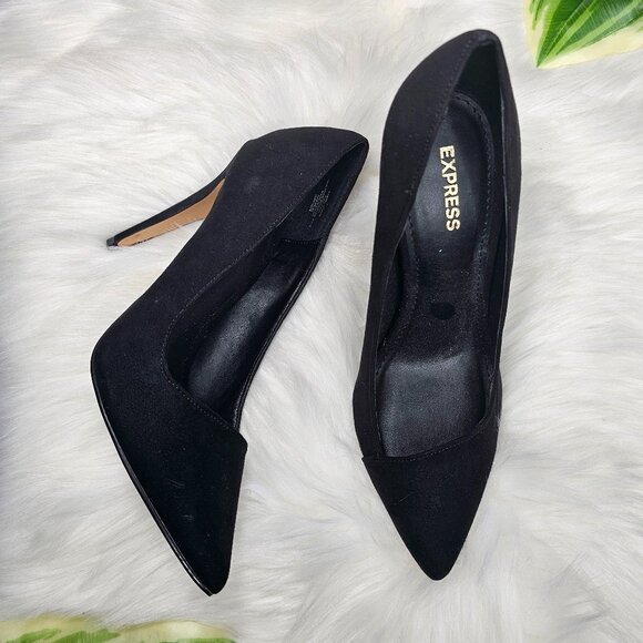 New Express Black Microsuede Pointed Toe Stiletto Heels Pumps Women’s 7 - Picture 1 of 12